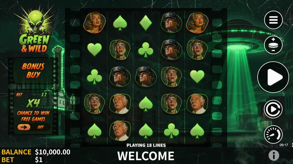 Tampilan layar permainan slot Green & Wild dengan latar belakang hutan yang subur dan simbol satwa liar.