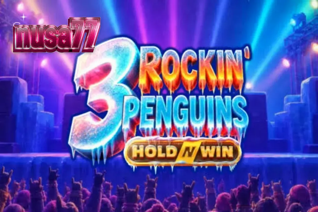 Tampilan visual slot 3 Rockin’ Penguins dengan karakter penguin punk di atas panggung es